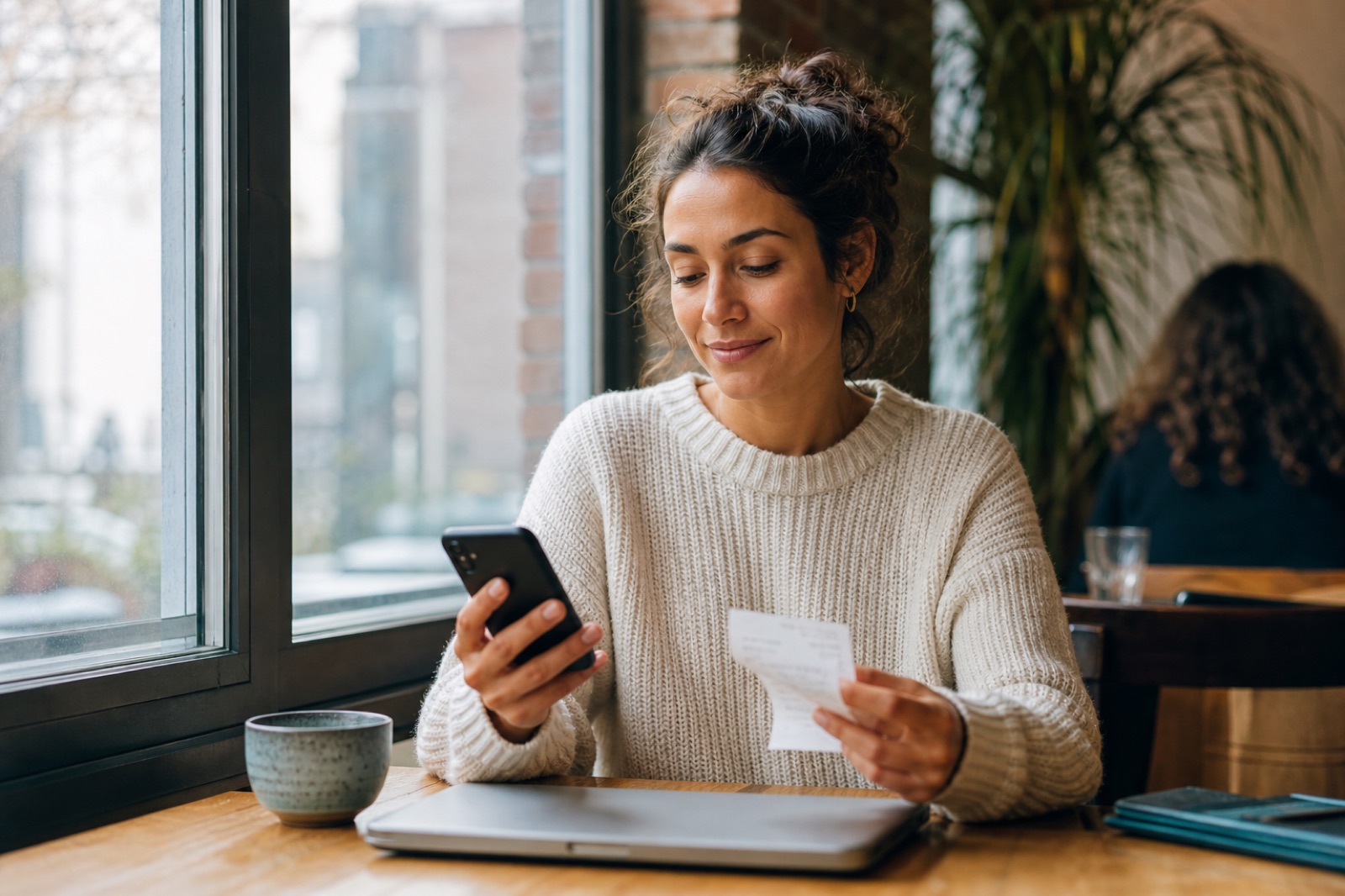 A freelancer reviews a paper receipt on her phone at a cafe