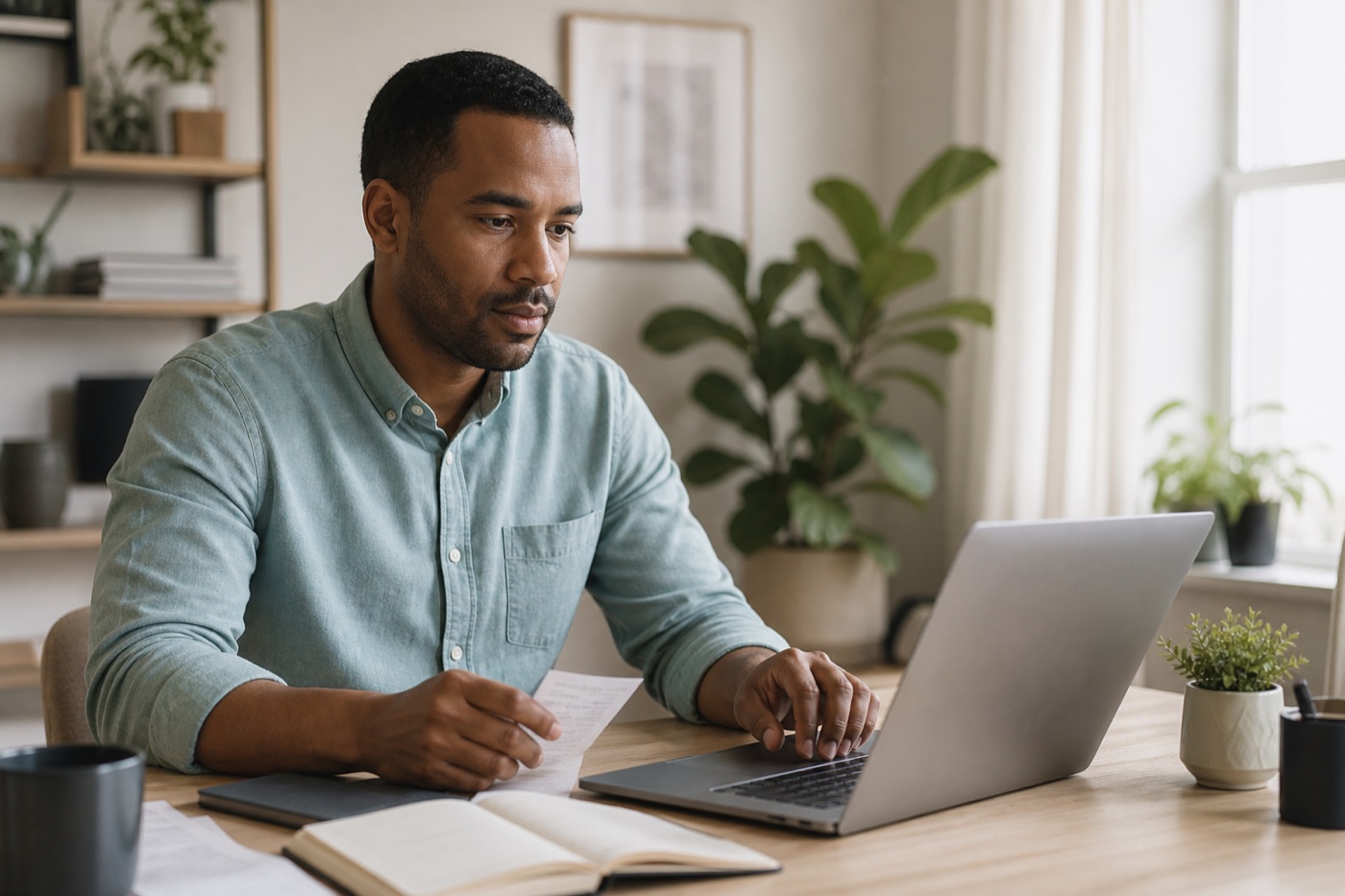 An entrepreneur reviews extracted receipt data on his laptop
