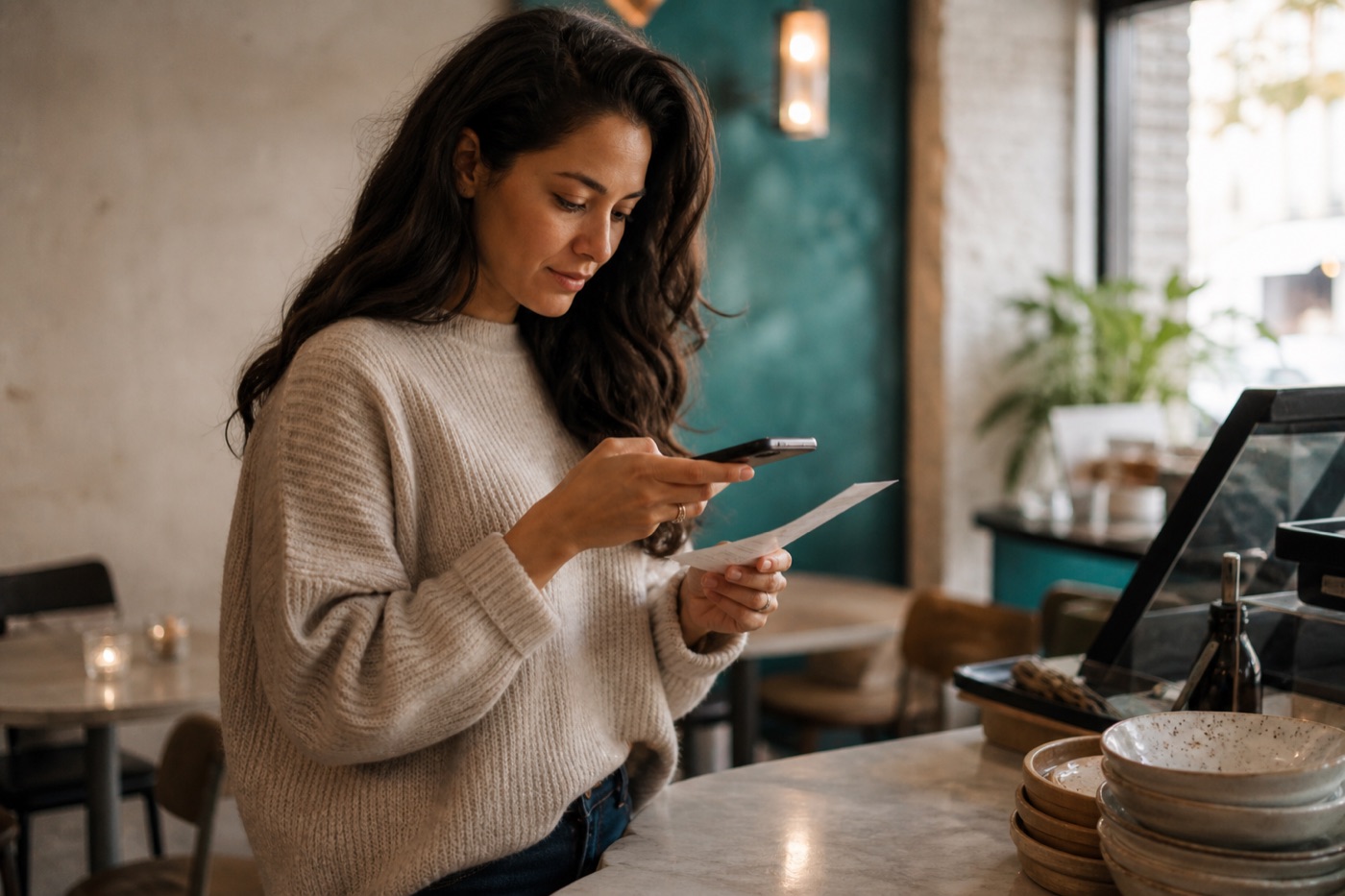 A freelancer photographs a paper receipt with her phone